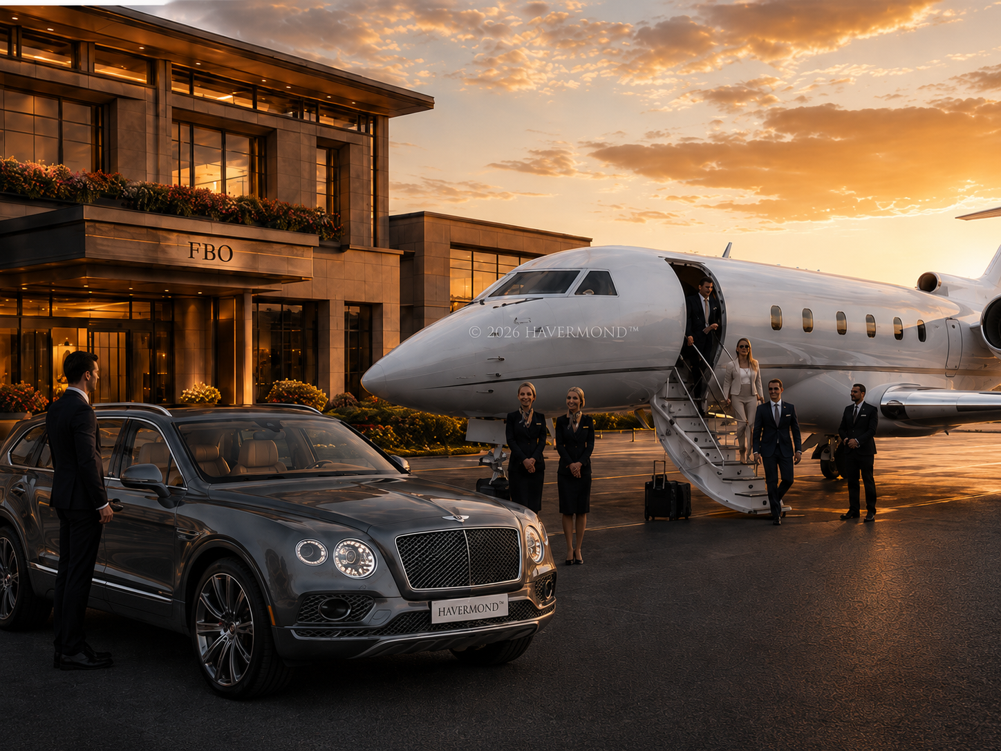 Jet privato e auto di rappresentanza davanti a terminal FBO al tramonto