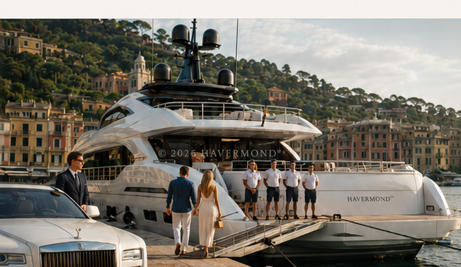 Superyacht ormeggiato in marina con auto di rappresentanza, autista ed equipaggio in livrea bianca