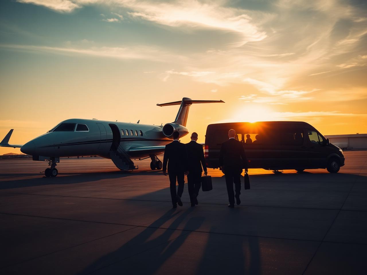 Jet privato e van di rappresentanza al tramonto con delegazione
