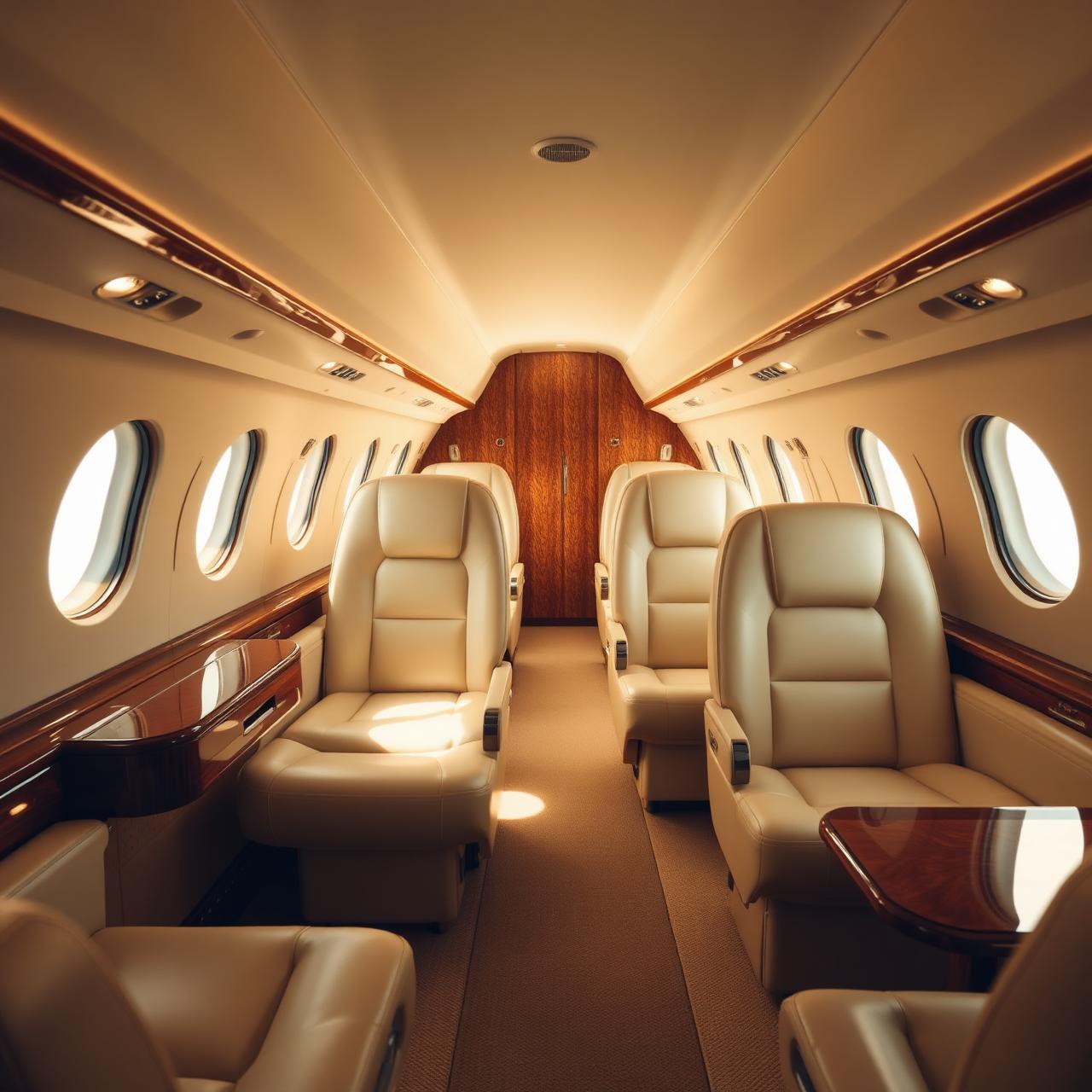 Interno di cabina di un jet privato con poltrone in pelle