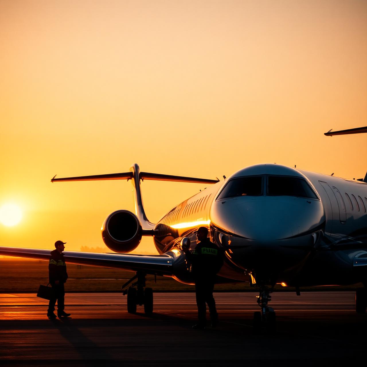 Jet privato in pista con equipaggio di terra al tramonto